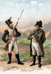 Mladý voják zastavuje Napoleona I. na cestě 1805. 19. století (chromolitografie)