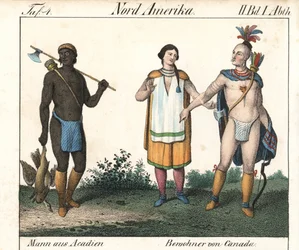 Muž z Akádie s potetovaným tělem a dvojice kanadských indiánů. Litografie pro knihu: "Friedrich Wilhelm Goedsche (1785-1863), vydání Míšeň (Německo).