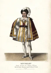 Herec Pierre Marie Nicolas Michelot jako hrabě Almaviva v Lazebníku sevillském Pierra Beaumarchaise, Theatre Français. Ručně kolorovaná litografie F. Noela podle ilustrace Alexandre-Marie Colina z knihy Portraits d
