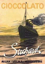 Reklama na čokoládu Milka de Suchard představující linkovou loď, začátek 20. století (plakát)