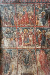 Starověké fresky; nástěnné malby zobrazující život Ježíše; kostel Panagia a Sotiras; Řecká pravoslavná církev; Roustika; Kréta; Řecko; Evropa