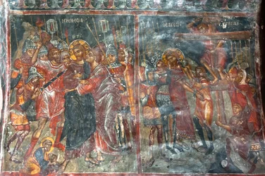 Starobylé fresky; nástěnné malby; Jidášův polibek; ukřižování Ježíše; kostel Panagia a Sotiras; řecký pravoslavný kostel; Roustika; Kréta; Řecko; Evropa