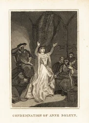 Anna Boleyn obviněná z cizoložství Jindřichem VIII. v roce 1536. 1836 (rytina)