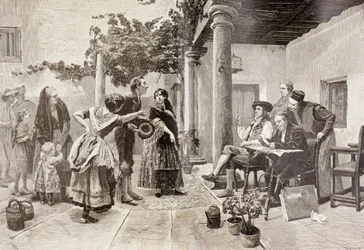 Před starostou, po malbě španělského umělce Julia Wormse, z „Ilustrovaného světa“, vydaná Barcelona