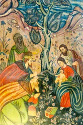 arménská apoštolská církev; Nástěnná malba; Klanění tří králů; Ježíš Kristus; Marie a Josef; tři mudrci dávají dárky; Bethlehem Church nebo Bedkhem Church; okres Julfa nebo Jolfa; Isfahán; Írán; Asie