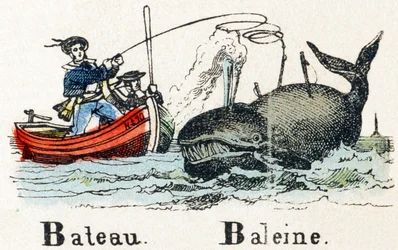 B - Velrybí loď - Abeceda - dětská zábava - Obrázek epinal, populární série c.1890 (ilustrace)