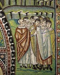 Bazilika San Vitale, detail mozaik v lunetách nad vstupem do ochozu zobrazujících Árona a vůdce dvanácti kmenů Izraele, Ravenna, Emilia-Romagna, Itálie