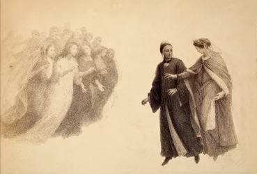 Beatrice na nebeské klenbě ráje ukazuje Dantovi skupinu duší. Ilustrace z Canto III z Paradisa Božské komedie Danta Alighieriho. Dílo Francesa Scaramuzzy věnované florentskému magistrátu.
