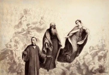 Beatrice se od Danta vzdálí a po jeho boku se objeví svatý Bernard. Ilustrace z Canto XXXI v Paradisu Božské komedie od Dante Alighieriho. Dílo Francesca Scaramuzzy věnované florentskému magistrátu.