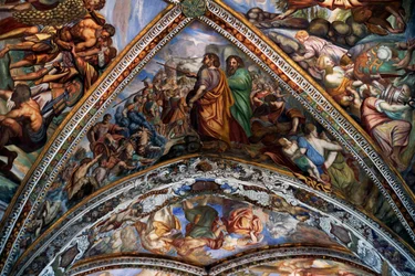 Biblické výjevy, fresky (18. století) z klenby katedrály sv. Bartoloměje, Lipari, Liparské ostrovy (Seznam světového dědictví UNESCO, 2000), Sicílie, Itálie.