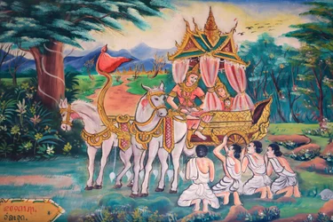 Buddha a princezna Yashodhara a jejich syn Rahula. Život Buddhy. Nástěnné malby. Wat Inpeng. Ventiane. Laos, 20151029, Vientiane, Laos