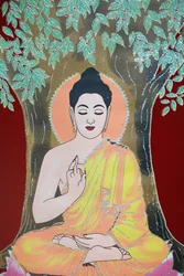 Buddha dává požehnání. Thangka, Káthmándú, Nepál