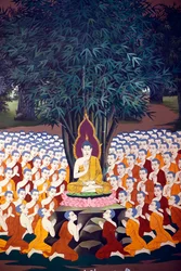 Buddha učí učedníky, nástěnná freska, chrám Wat Botum, Phnom Penh, 2022 (foto)
