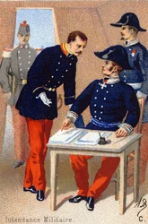 C: Vojenská správa. Rytina ve "vojenské abecedě" . Iniciály ilustrátora: A. D. Neznámý vydavatel. Chromolitografie konce 19. století. Rozměr: 10,5 x 7 cm.