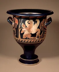 Kampánský červenofigurový zvonový krater zdobený arimaspem v boji s velkým gryfem, kolem roku 340 př. n. l. (keramika)