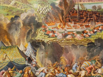 Stropní freska v boční lodi kostela sv. Kateřiny, Vyřazení Vídně z provozu v roce 1683, Mauzoleum Habsburků, Graz, Štýrsko, Rakousko, Evropa (foto)