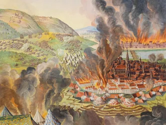 Stropní freska v boční lodi kostela sv. Kateřiny, Vyřazení Vídně z provozu v roce 1683, Mauzoleum Habsburků, Graz, Štýrsko, Rakousko, Evropa (foto)