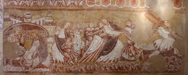 Kostel (Église Saint-Martin). Interiér. Nástěnné malby (fresky). Severní stěna kůru. Detail. Zatčení Krista, mytí nohou. 12. století.
