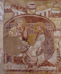 Kostel (Église Saint-Martin). Interiér. Nástěnné malby (fresky). Severní stěna kůru. Detail. mytí nohou. 12. století.
