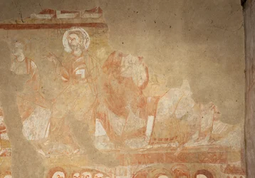 Kostel (Église Saint-Martin). Interiér. Nástěnné malby (fresky). Západní stěna lodi. Detail. apoštolů. 12. století.