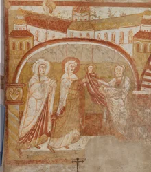 Kostel (Église Saint-Martin). Interiér. Nástěnné malby (fresky). Západní stěna lodi. Detail. Prezentace v chrámu. 12. století.