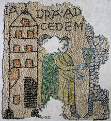 Kostel svatého Jana Evangelisty, čtvrtá křížová výprava, fragmenty mozaikových podlah představující Benátčany., Ravenna, Emilia-Romagna, Itálie