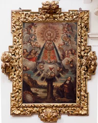 Kolegiátní kostel. Uvnitř. Malování. (Naší Paní naděje). Text v medailonu: „PORTRÉT VŠECHNY MIL CROSA Imajen DNUESTRA S DL Esperanza A Podobné jako Fernando de ZILLLa Faña iezi rodela Villa Riue mde el Tajo ter mi?to esta villa“. podepsaný? a
