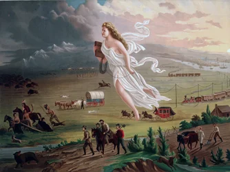 Koncept Manifest Destiny: Alegorická ženská postava nesoucí elektrický telegrafní drát vede americké pionýry a železnici na západ, indiáni a bizoni a medvěd ustupují před nimi. Chromolitografie z roku 1873.