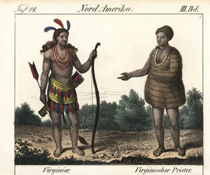 Kostým indiánů Powhatan z Virginie (USA): bojovník a kněz Secota. Litografie pro knihu: "Friedrich Wilhelm Goedsche (1785-1863), Míšeň (Německo).