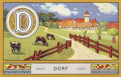 D: Dorf - Abeceda Palmin. Serie de chromolithographies editees par H. Schlinck & Cie, Hamburg, s. d. . Propagujte Palmin feinstes Cocosfett. Rozměry: 7 x 11 cm