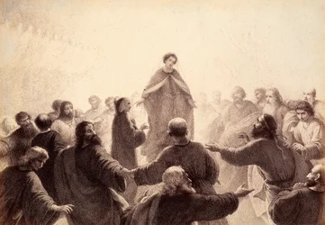 Dante a Beatrice jsou obklopeni duchy Moudrých, kteří kolem nich zpívají a tančí. Ilustrace z Canto XIV z Paradisa Božské komedie Danta Alighieriho. Dílo Francesa Scaramuzzy věnované florentskému magistrátu.