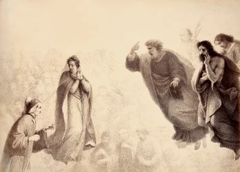 Dante a Beatrice před jasnými dušemi apoštolů Petra, Jakuba a Jana. Petr má ruku zdviženou na znamení hněvu. Ilustrace z Canto XXVII v Paradisu Božské komedie od Dante Alighieriho. Dílo Francesca Scaramuzzy věnované