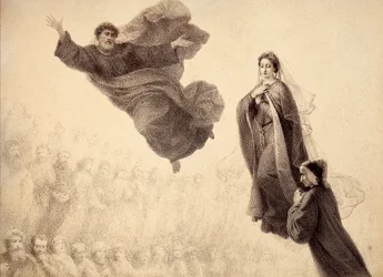 Dante a Beatrice se setkávají se svatým Petrem. Ilustrace k XXIV. kánonu Božské komedie Paradiso od Dante Alighieriho. Dílo Francesca Scaramuzzy věnované florentskému magistrátu.