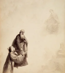 Dante za asistence svatého Bernarda vidí Beatrici sedící na trůnu uprostřed blahoslavených, ve světelné aureole. Ilustrace z Canto XXXI v Paradisu Božské komedie od Dante Alighieriho. Dílo Francesca Scaramuzzy věnované florentskému magistrátu.