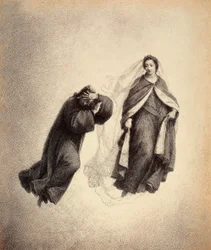 Dante si zakryje tvář rukama, přemožený Beatriciným pohledem, tak plným božské lásky. Ilustrace IV. canto knihy Paradiso z Božské komedie Danta Alighieriho. Dílo Francesa Scaramuzzy věnované florentskému magistrátu.