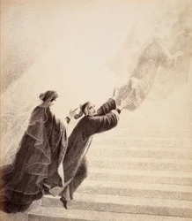 Dante na prosté znamení Beatrice vystoupí po zlatém žebříku za blahoslavenými duchy. Ilustrace z Canto XVII v Paradisu Božské komedie od Dante Alighieriho. Dílo Francesca Scaramuzzy věnované florentskému magistrátu.