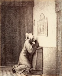Dante klečí v modlitbě a jeho pohled směřuje na triptych.