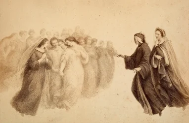 Dante spolu s Beatricí a blahoslavenými duchy. Ilustrace Canto XXXIII v Paradisu Božské komedie od Dante Alighieriho. Dílo Francesca Scaramuzzy věnované florentskému magistrátu.