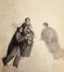 Dante na popud Beatrice mluví ve zbožném duchu. Ilustrace z Canto V z Paradisa Božské komedie Danta Alighieriho. Dílo Francesa Scaramuzzy věnované florentskému magistrátu.