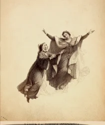 Dante s otevřenou náručí, veden Beatricí na útěku rajskou oblohou. Ilustrace I. canto z Paradisa Božské komedie Danta Alighieriho. Dílo Francesa Scaramuzzy věnované florentskému magistrátu.