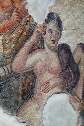 Detail desky zobrazující Lédu, královnu Sparty, ve společnosti lakédských dívek, jak se chystá vykoupat v řece Eurotas - blíží se k ní Zeus převlečený za labuť - Pafos Mosaics, House of Aion, 3. století n. l. - Kypr - D