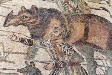 Detail mozaiky velkého lovu. Nosorožec je naváděn na loď, která má být přepravena do nejbližšího přístavu. 3. - 4. století. Římská vila Casale, Sicílie. památka UNESCO.