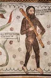 Ego sonto un homo salvadego per natura, chi me ofende ge fo pagura (jsem od přírody divoký muž, kdo mě urazí, dám strach), freska, muzeum Homo Salvadego, Sacco, Cosio Valtellino, Lombardie, Itálie