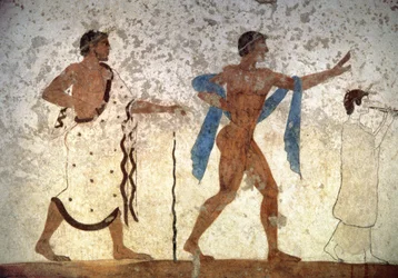 Ephebos mládí předcházel hudebník a mistr ceremonie, z Hrobky potápěče, 480 př.nl (nástěnná malba)
