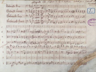 První strana partitury pro čtyři violoncella Symfonie č. 7 cs A dur, op. 92, od Ludwiga van Beethovena
