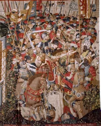 Vlámský gobelín. Seriál Trojská válka. Achillova smrt (Muerte de Aquiles). Osmý gobelín v sérii. Model Coëtivy Master (Henry nebo Conrard de Vulcop). Výroba dílen Tournai. Ca 1470. Látka Vlna a hedvábí, 6/7 osnovy na cm. Velikost 482 x 942 c