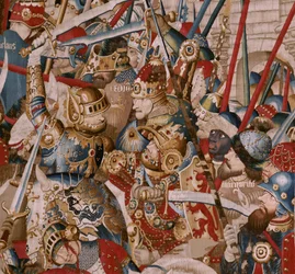 Vlámský gobelín. Seriál Trojská válka. Achillův stan (La Tienda de Aquiles). Šestá tapisérie v sérii. Model Coëtivy Master (Henry nebo Conrard de Vulcop). Výroba dílen Tournai. Ca 1470. Látka Vlna a hedvábí, 6/7 osnovy na cm. Rozměr 467 x 690