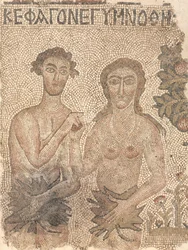 Fragment podlahové mozaiky: Adam a Eva, konec 400. léta - začátek 500. let