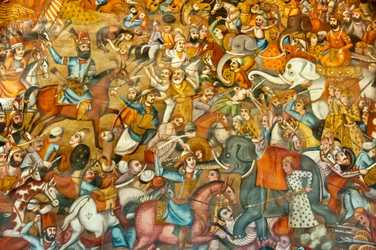 Freska; bitva; bitva u Nadir Shah v bitvě o Karnal; 1739; na koni; proti sultánovi Mohammedovi Shah Gurkanimu na bílém slonovi; Chehel Sotoun; Palác čtyřiceti pilířů; Isfahán; Írán; Asie
