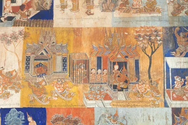 Fresky zdobící stěny Wat Bo zobrazující scény z Reamker, Siem Reap, Kambodža (foto)
